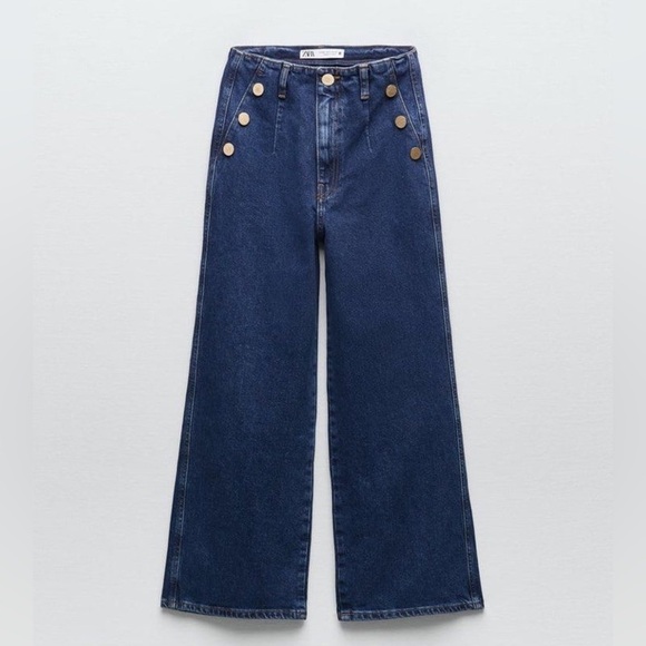 ZARA Cropped Wide Leg Flare Jeans With Gold Buttons 70’s - Picture 1 of 9